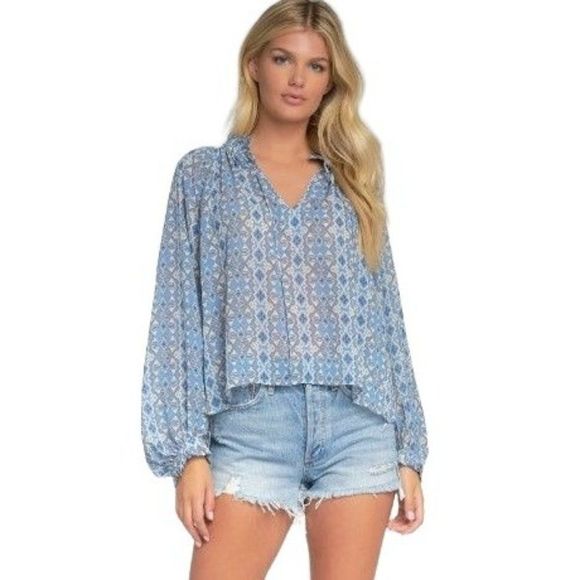 Elan Tops - Elan Cera Peasant Tie - Neck Blouse Top Blue Aztec Print